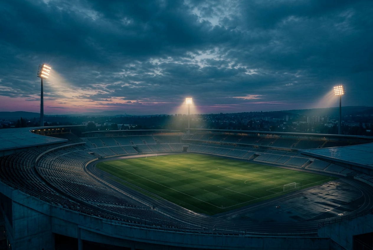 Floodlit stadium bowl at dusk